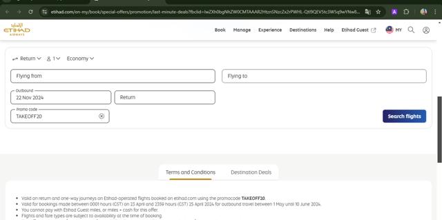 Etihad Airways checkout page showing Etihad Airways coupon code box | Screenshot taken by SimplyCodes community member on Nov 23, 2024