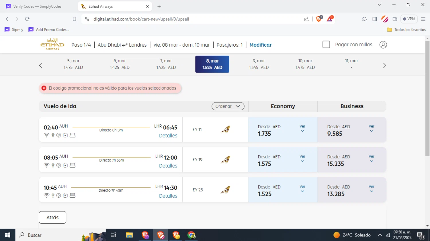 Etihad Airways UK checkout page showing Etihad Airways UK promo code box | Screenshot taken by SimplyCodes community member on Feb 21, 2024