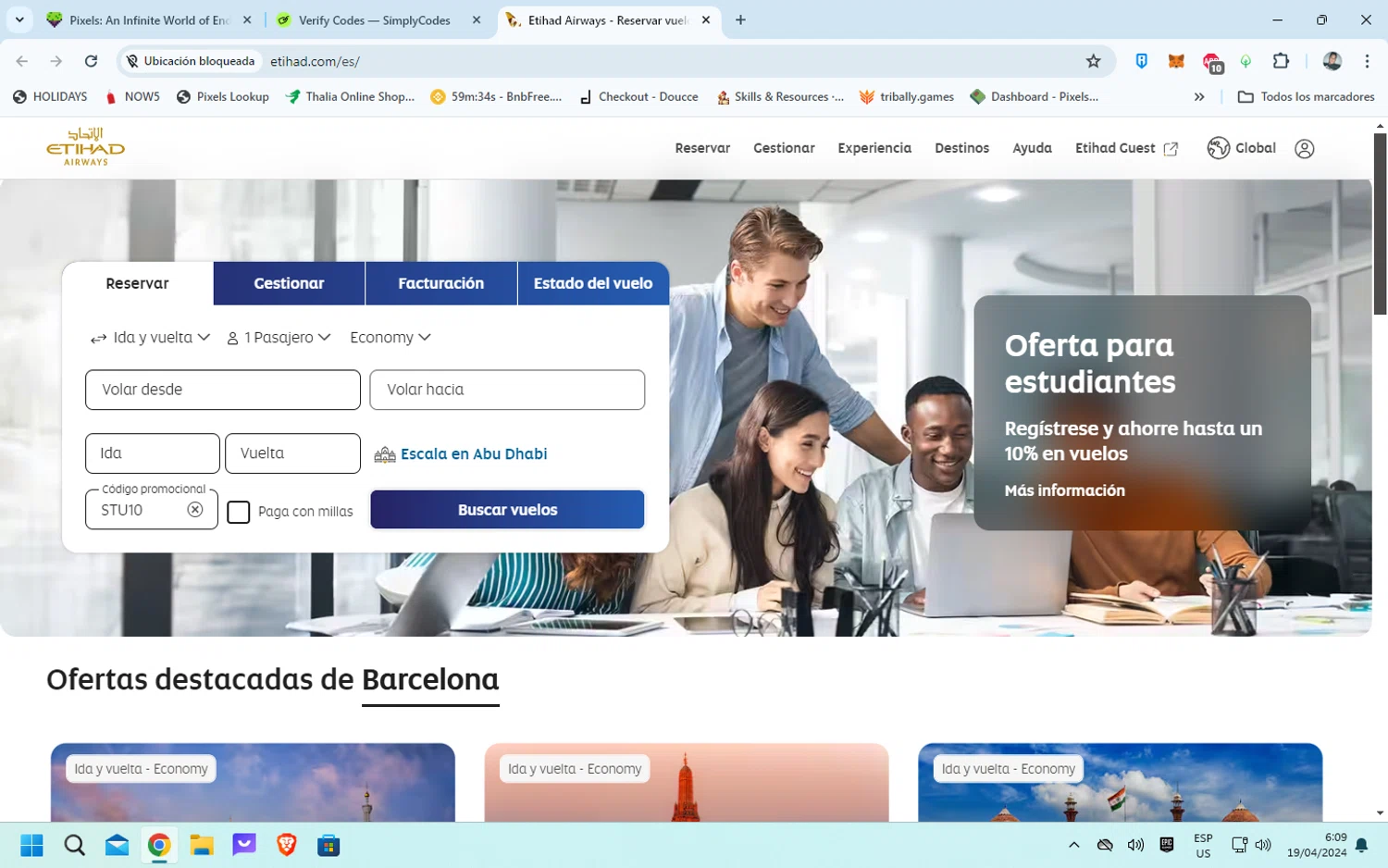 Etihad Airways UK checkout page showing Etihad Airways UK promo code box | Screenshot taken by SimplyCodes community member on Apr 19, 2024
