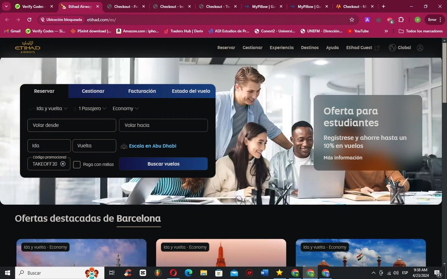 Etihad Airways UK checkout page showing Etihad Airways UK promo code box | Screenshot taken by SimplyCodes community member on Apr 23, 2024