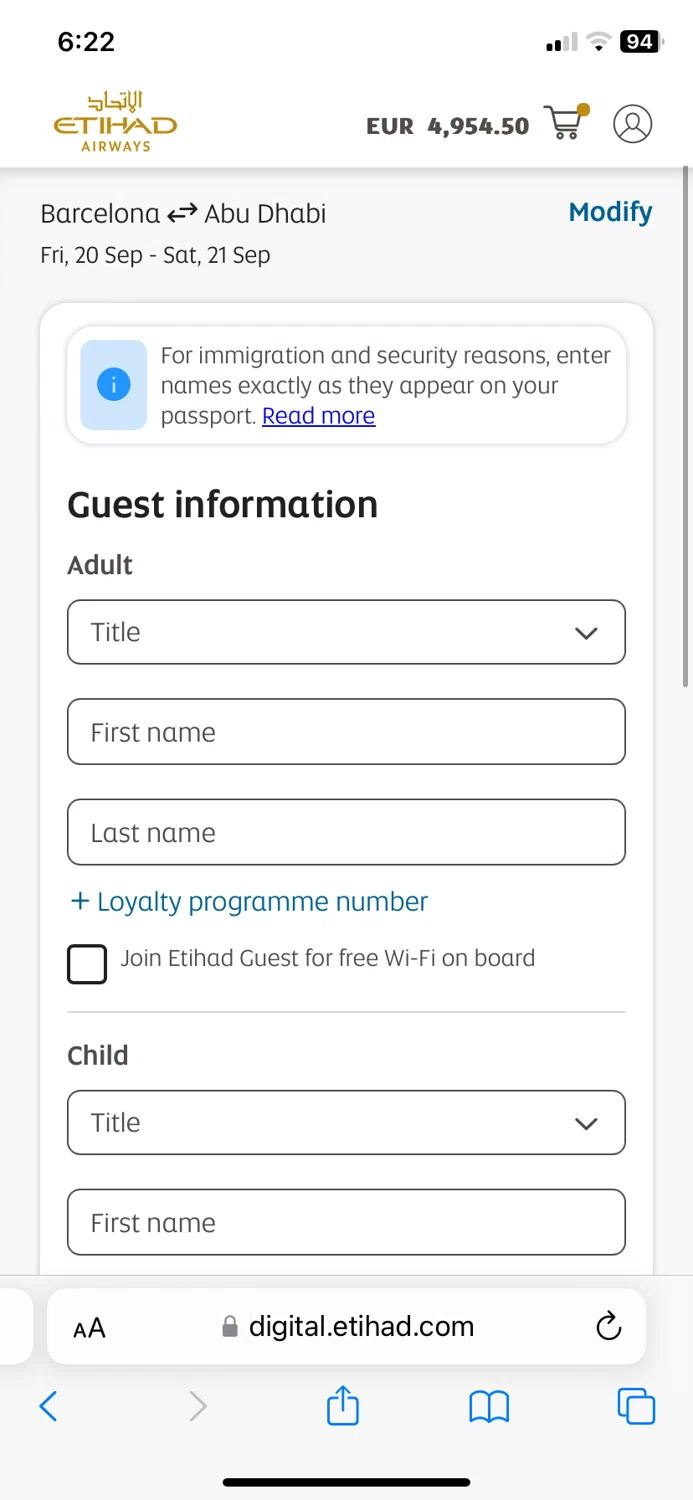 Etihad Airways UK checkout page showing Etihad Airways UK promo code box | Screenshot taken by SimplyCodes community member on Jun 20, 2024