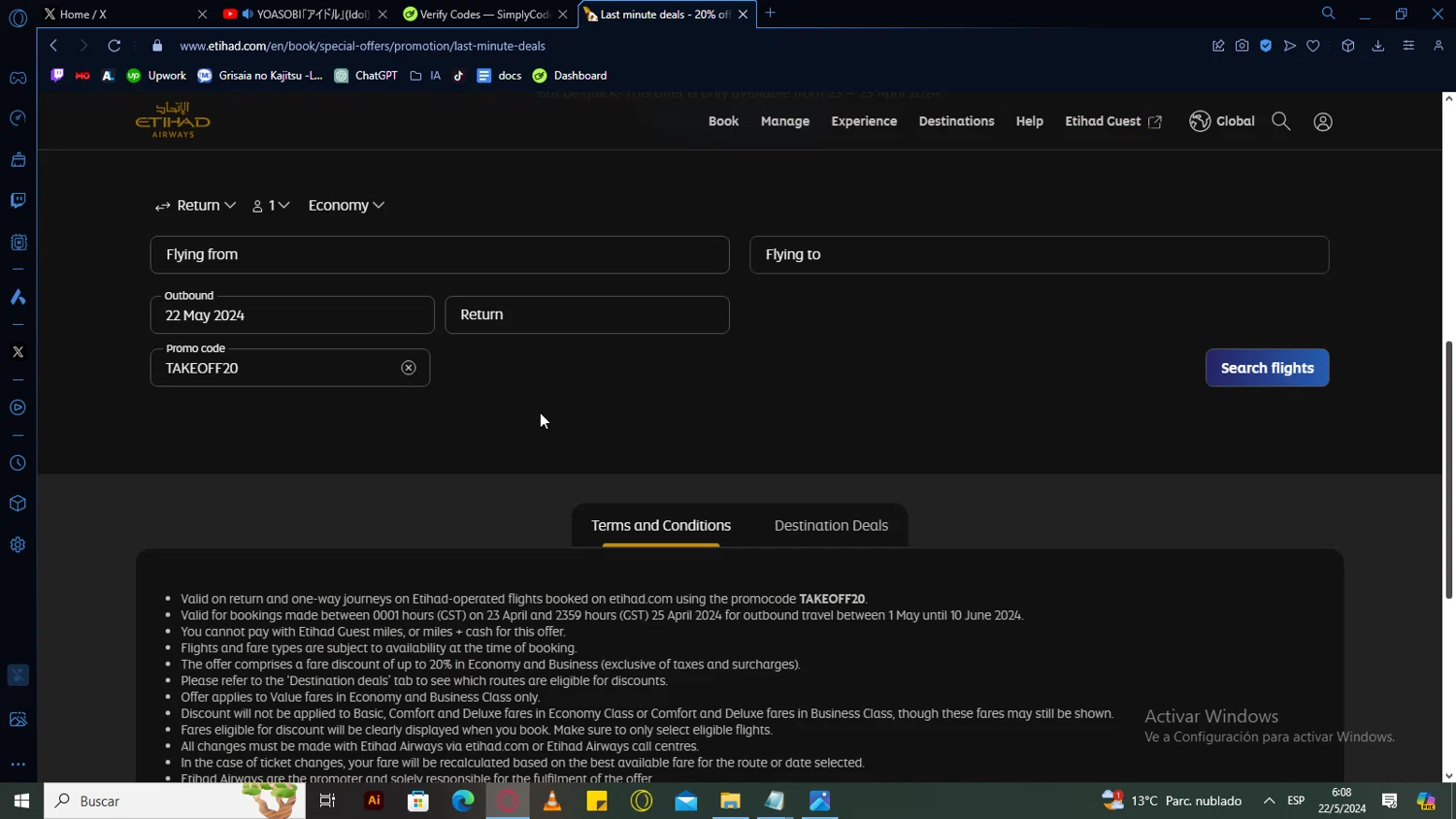 Etihad Airways UK checkout page showing Etihad Airways UK promo code box | Screenshot taken by SimplyCodes community member on May 22, 2024