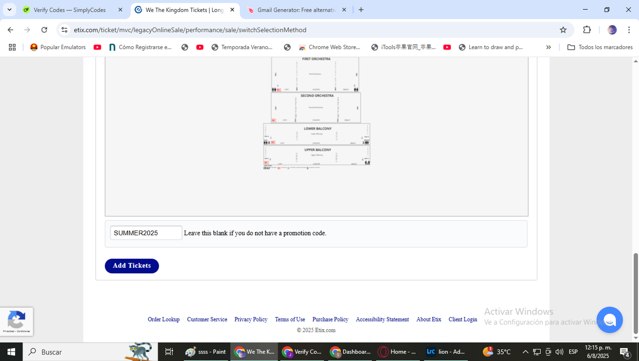Etix checkout page showing Etix promo code box | Screenshot taken by SimplyCodes community member on Aug 6, 2025