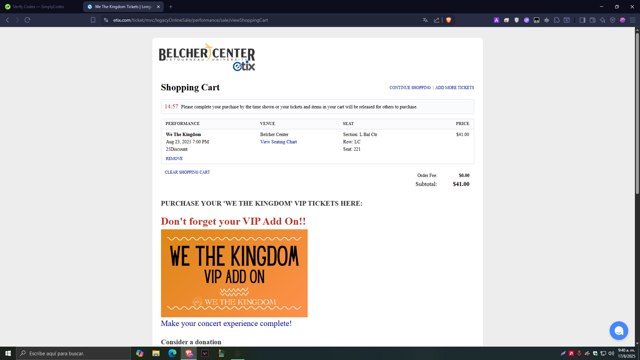 Etix checkout page showing Etix promo code box | Screenshot taken by SimplyCodes community member on Aug 17, 2025