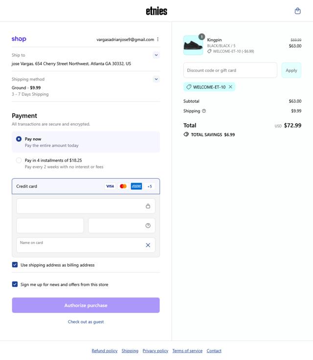 Etnies checkout page showing Etnies coupon code box | Screenshot taken by SimplyCodes community member on Sep 10, 2025