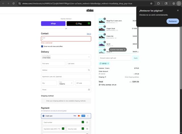 Etnies checkout page showing Etnies coupon code box | Screenshot taken by SimplyCodes community member on Sep 10, 2025
