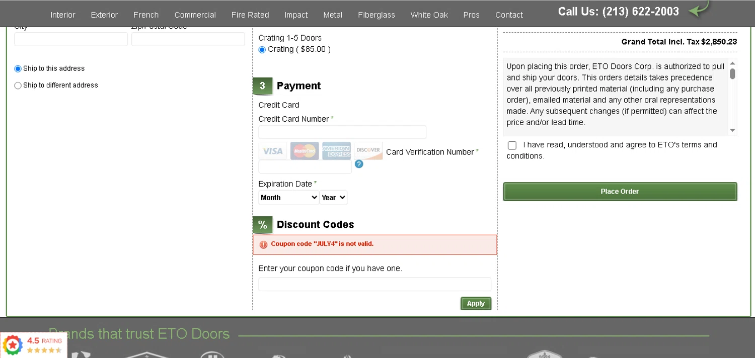 ETO Doors discount code screenshot showing code JULY4 applied at ETO Doors checkout page. Uploaded by SimplyCodes community member MoneyHunter5624 on Jul 3, 2025