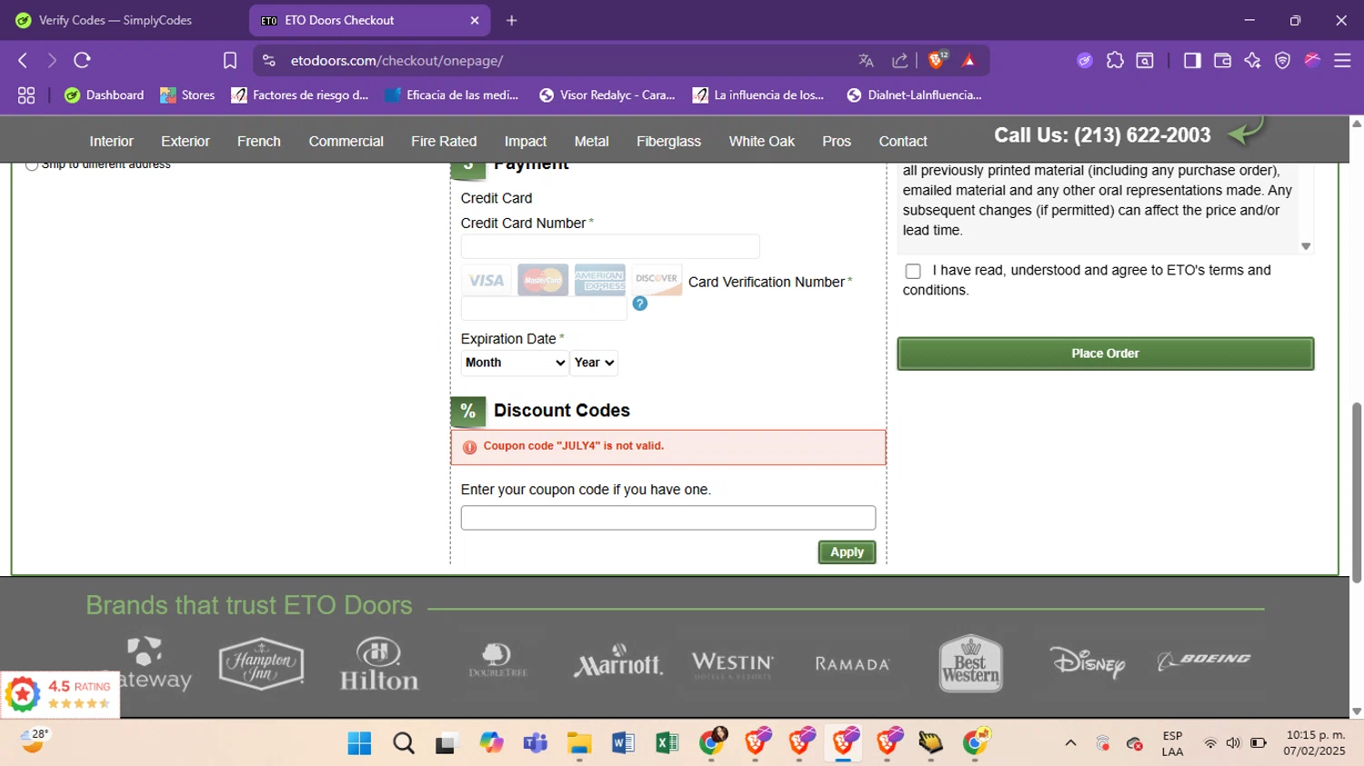 ETO Doors discount code screenshot showing code JULY4 applied at ETO Doors checkout page. Uploaded by SimplyCodes community member antoooooooooooooo on Jul 3, 2025