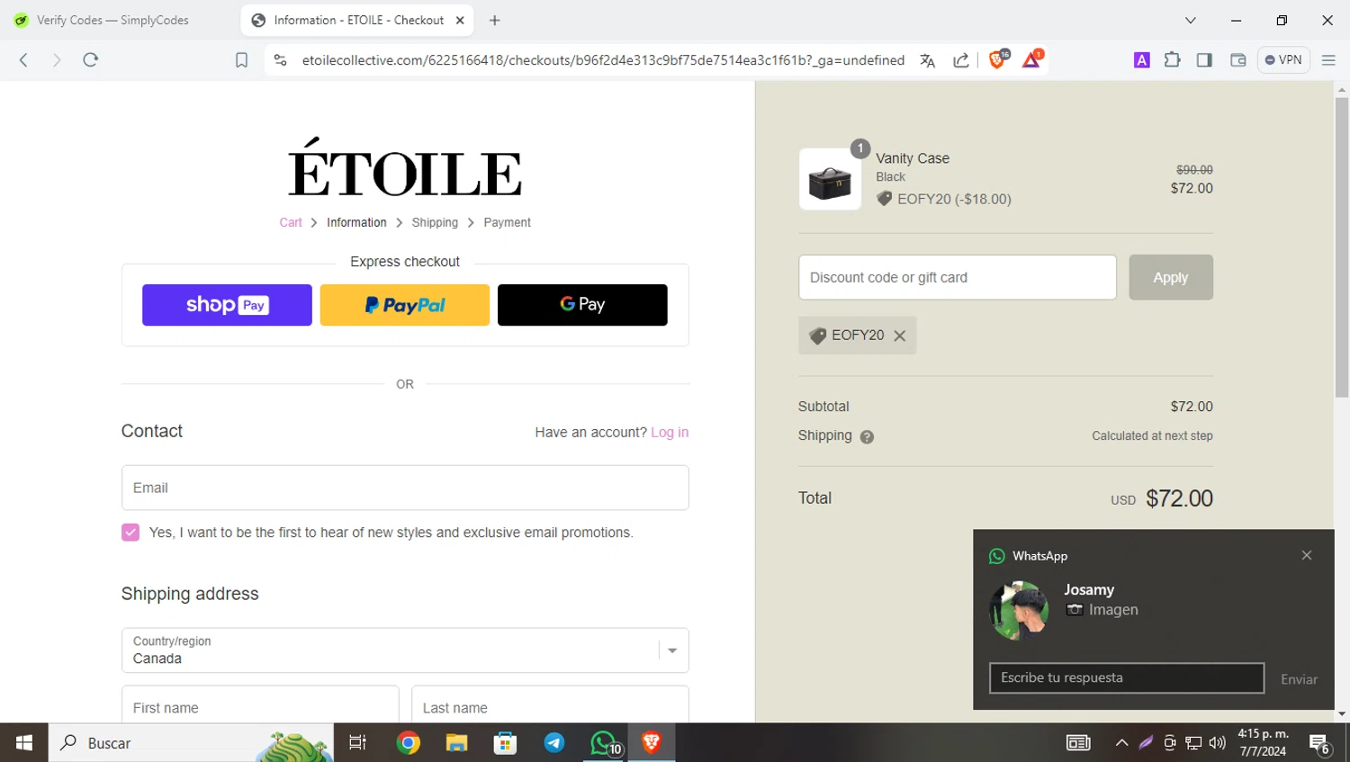 where to use Etoile promo code box
