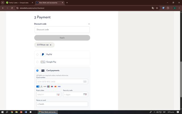 Eton Shirts checkout page showing Eton Shirts promo code box | Screenshot taken by SimplyCodes community member on Jul 3, 2025