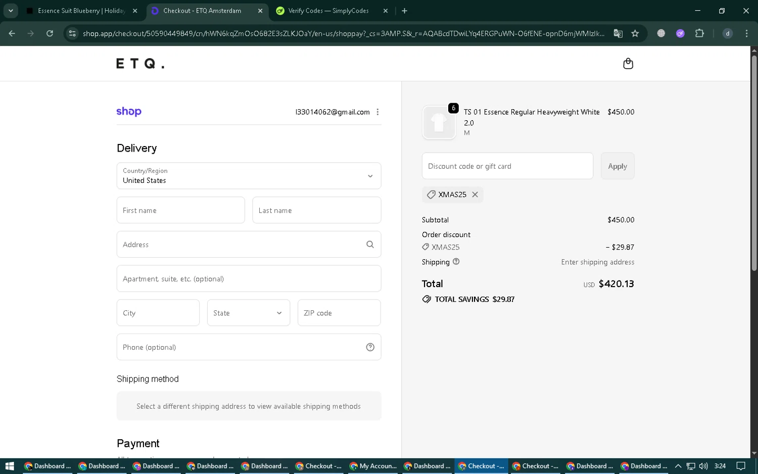 ETQ Amsterdam discount code screenshot showing code XMAS25 applied at ETQ Amsterdam checkout page. Uploaded by SimplyCodes community member CrownPioneer7685 on Dec 23, 2025