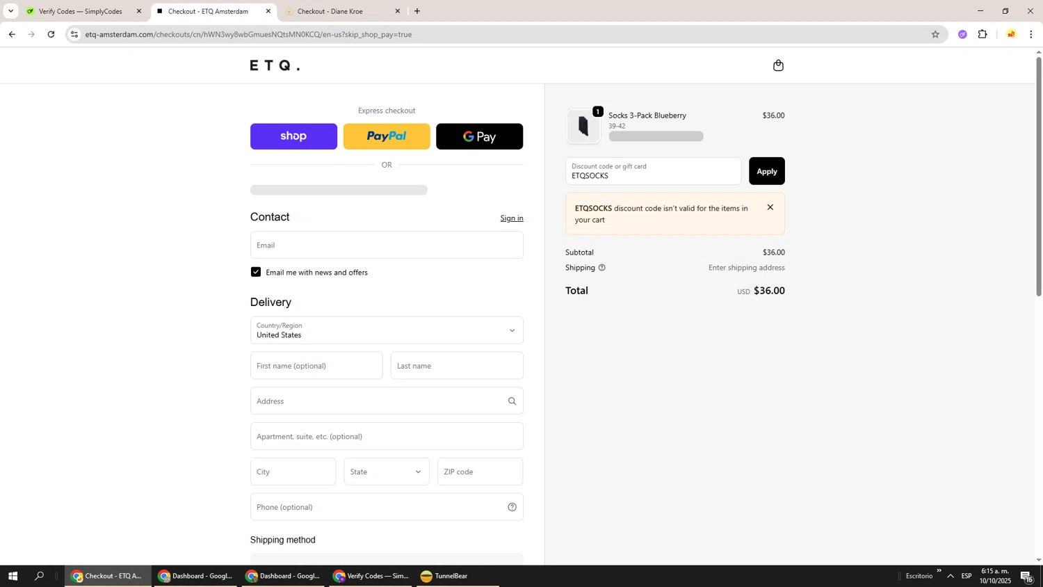 ETQ Amsterdam discount code screenshot showing code ETQSOCKS applied at ETQ Amsterdam checkout page. Uploaded by SimplyCodes community member Richard251 on Oct 10, 2025