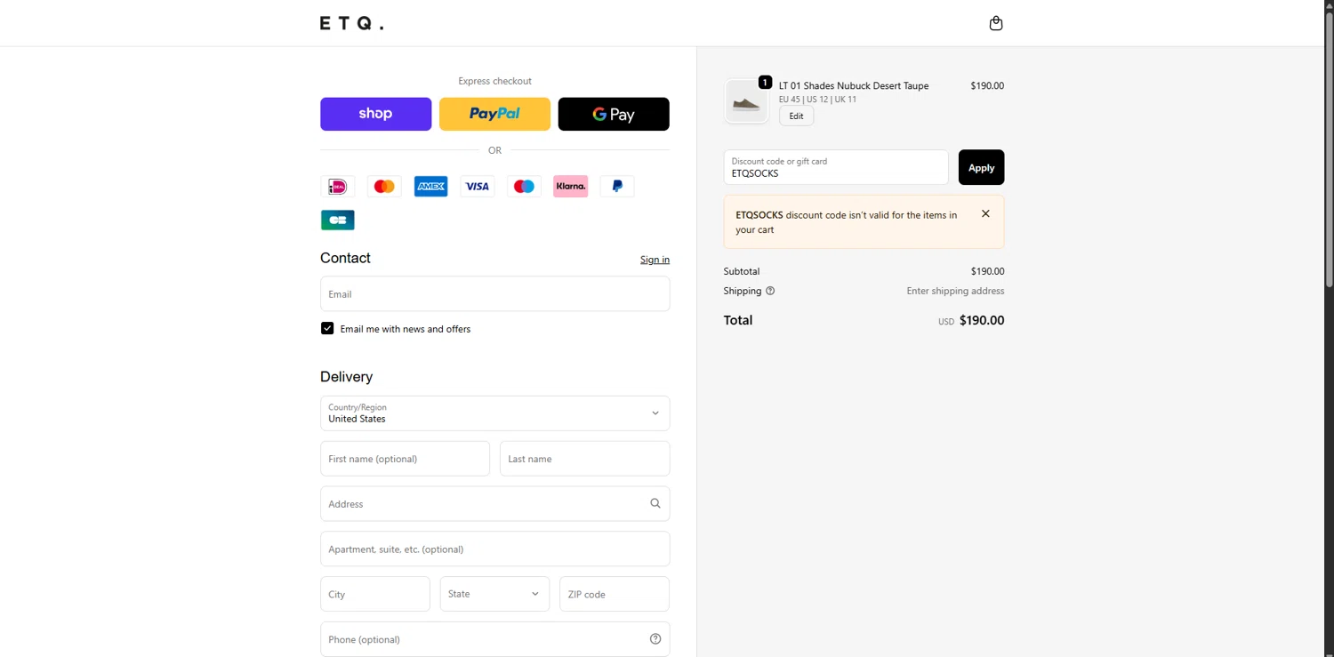 ETQ Amsterdam discount code screenshot showing code ETQSOCKS applied at ETQ Amsterdam checkout page. Uploaded by SimplyCodes community member WiseSage2777 on Nov 29, 2025