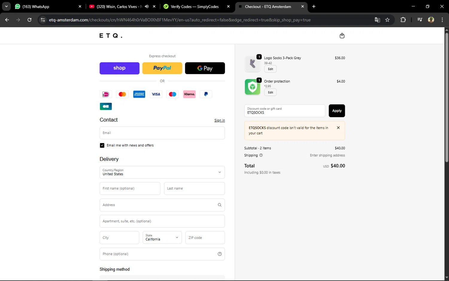 ETQ Amsterdam discount code screenshot showing code ETQSOCKS applied at ETQ Amsterdam checkout page. Uploaded by SimplyCodes community member ELVERDEDESAMP on Oct 14, 2025