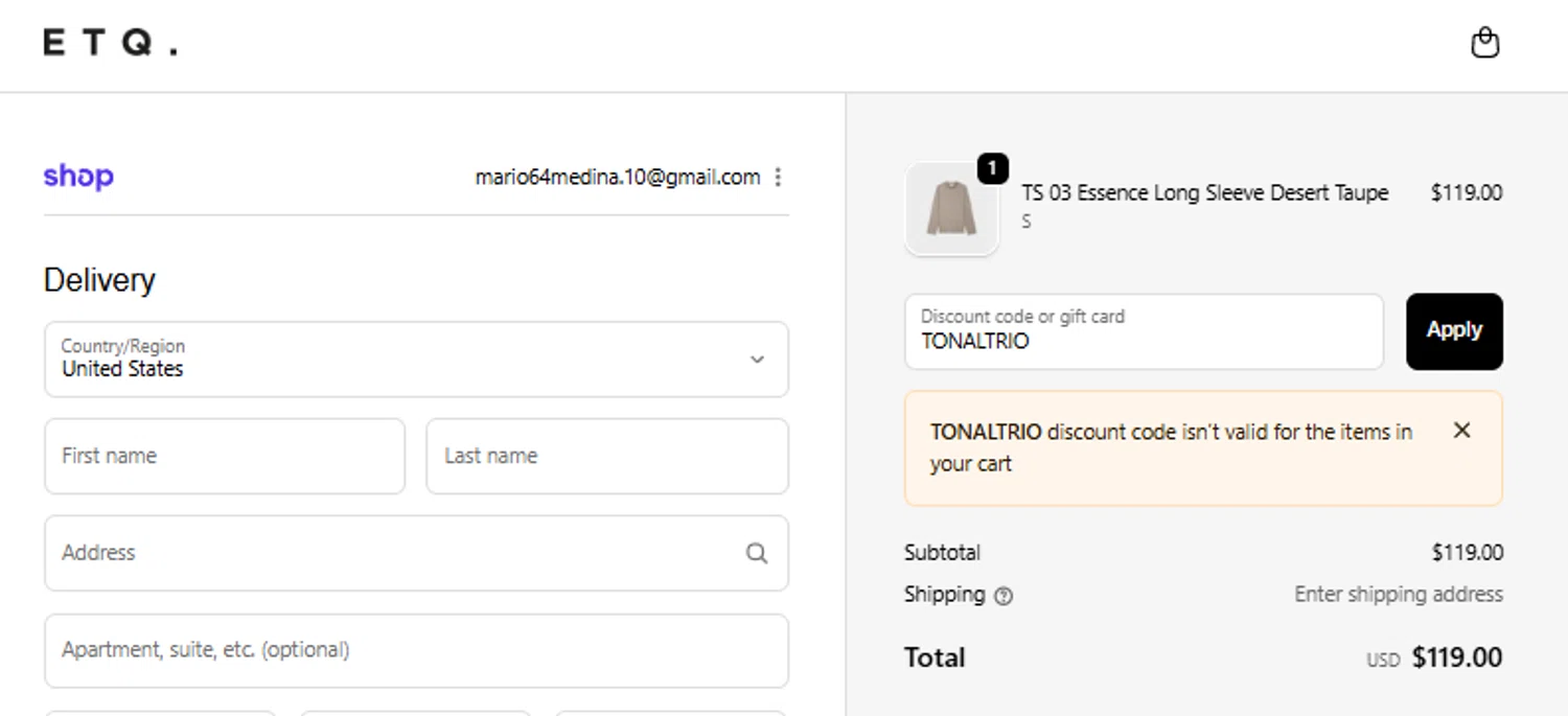ETQ Amsterdam discount code screenshot showing code TONALTRIO applied at ETQ Amsterdam checkout page. Uploaded by SimplyCodes community member Diaz22 on Oct 10, 2025