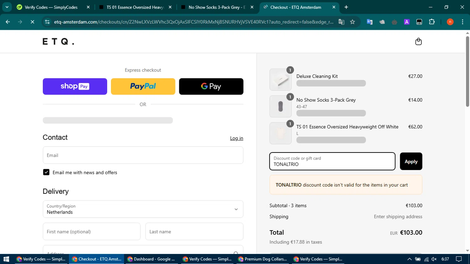 ETQ Amsterdam discount code screenshot showing code TONALTRIO applied at ETQ Amsterdam checkout page. Uploaded by SimplyCodes community member CoinMaven895 on Mar 27, 2025