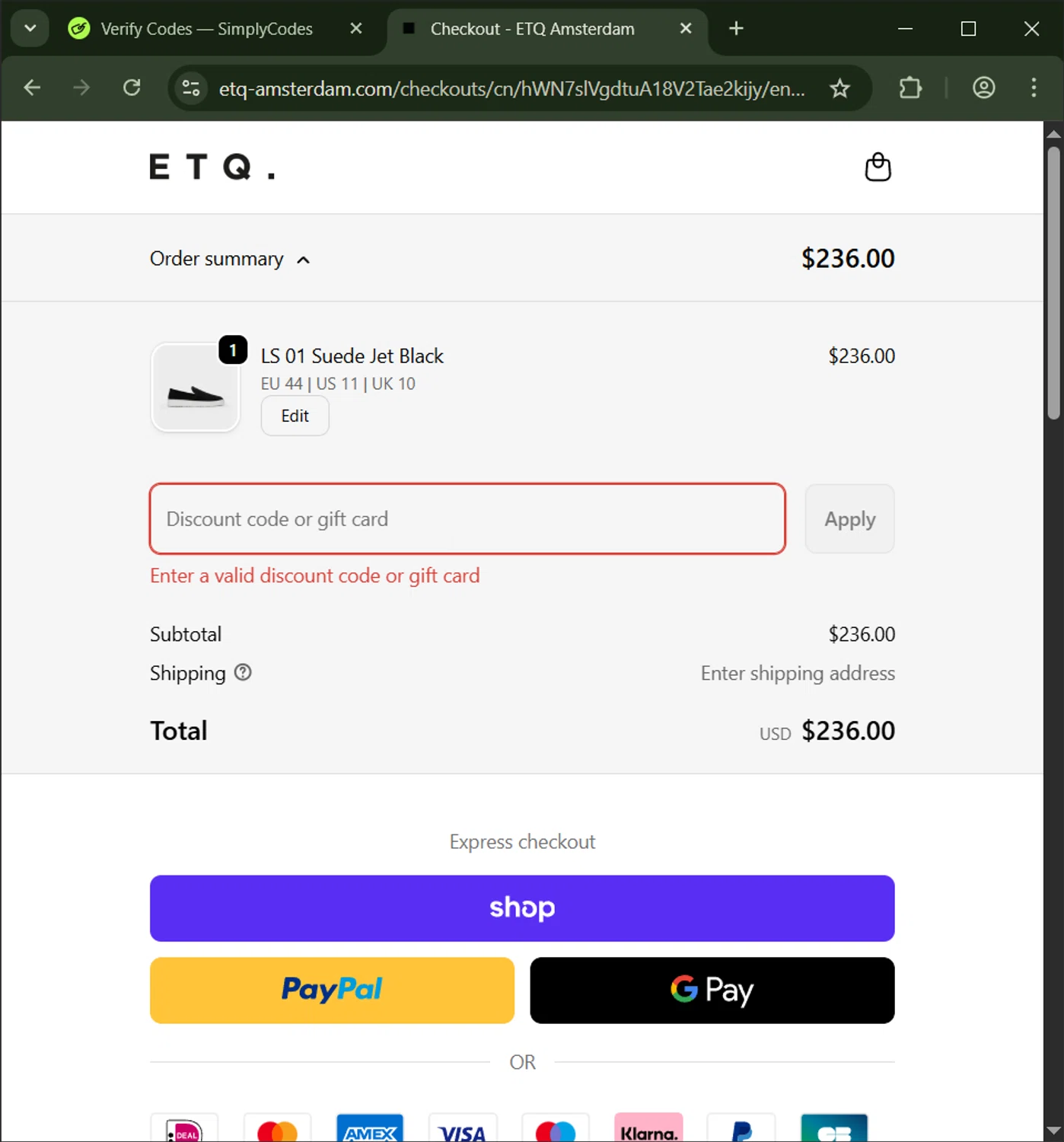 ETQ Amsterdam discount code screenshot showing code MONDAY10 applied at ETQ Amsterdam checkout page. Uploaded by SimplyCodes community member CashWizard4502 on Jan 22, 2026