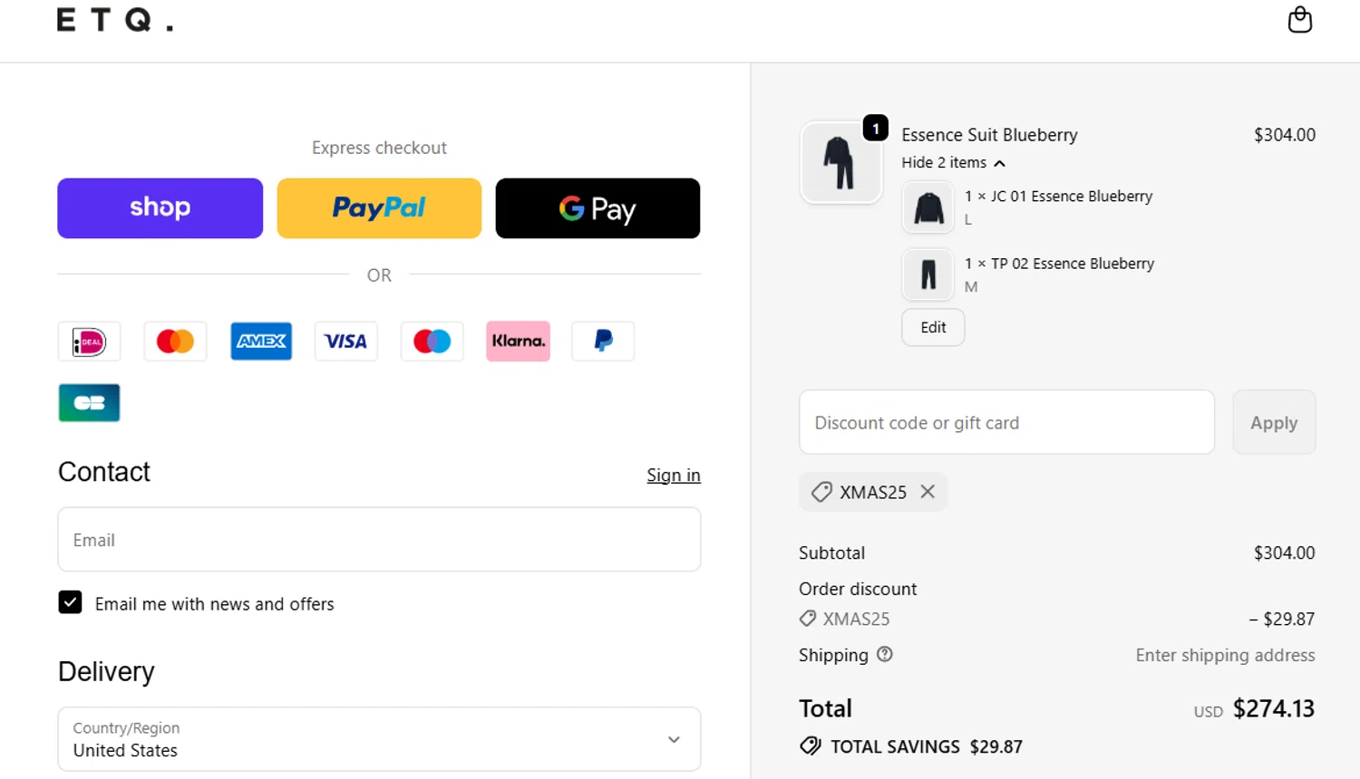 ETQ Amsterdam discount code screenshot showing code XMAS25 applied at ETQ Amsterdam checkout page. Uploaded by SimplyCodes community member jesspea on Dec 23, 2025