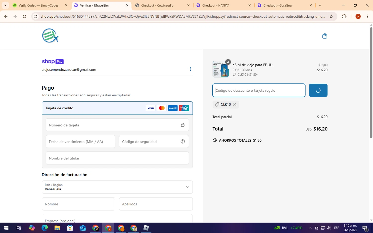 EtravelSIM discount code screenshot showing code CLK10 applied at EtravelSIM checkout page. Uploaded by SimplyCodes community member CryBabyy on Mar 26, 2025