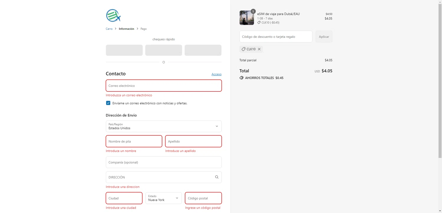 EtravelSIM discount code screenshot showing code CLK10 applied at EtravelSIM checkout page. Uploaded by SimplyCodes community member ValiantAce1810 on Aug 10, 2025