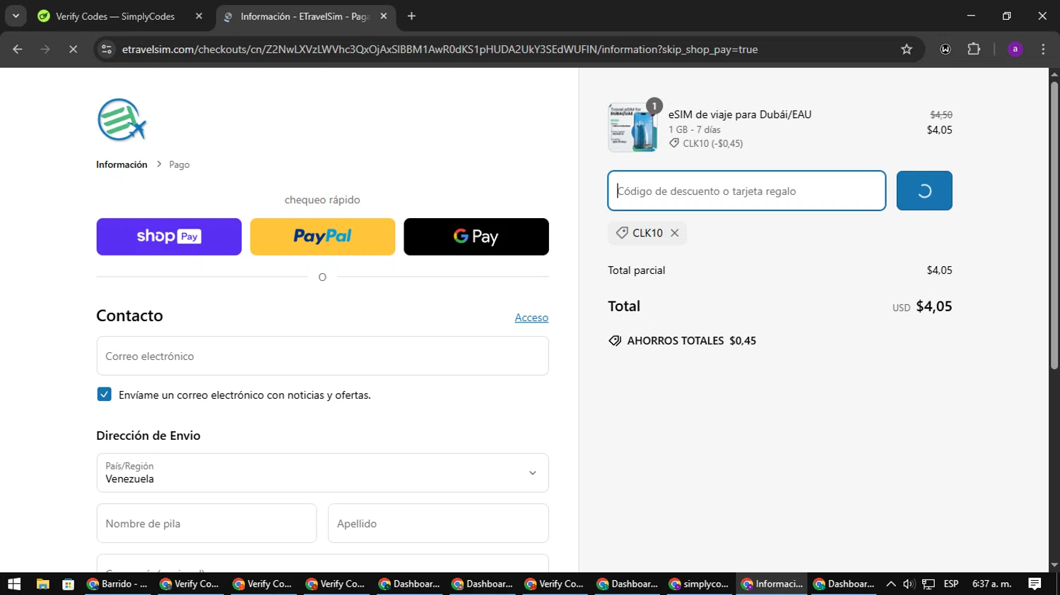 EtravelSIM discount code screenshot showing code CLK10 applied at EtravelSIM checkout page. Uploaded by SimplyCodes community member CoinElite8997 on Mar 14, 2025