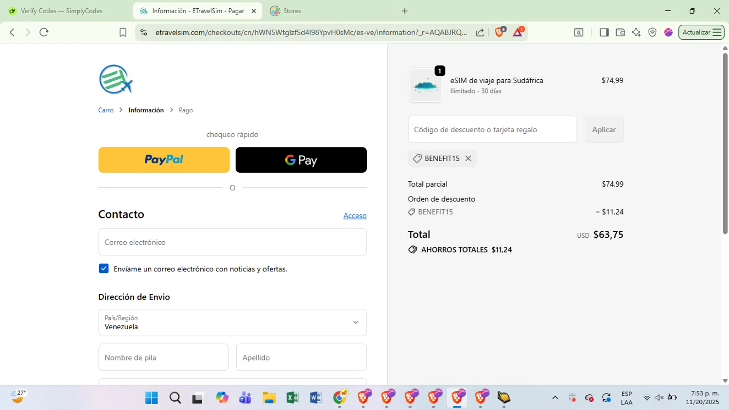 EtravelSIM discount code screenshot showing code BENEFIT15 applied at EtravelSIM checkout page. Uploaded by SimplyCodes community member Covid19 on Nov 21, 2025