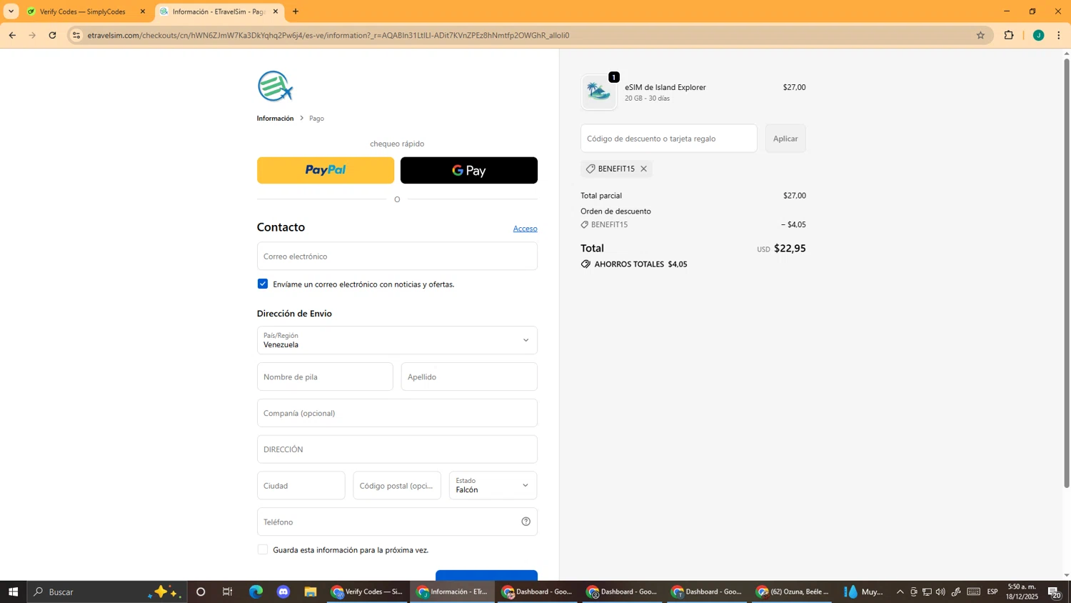 EtravelSIM discount code screenshot showing code BENEFIT15 applied at EtravelSIM checkout page. Uploaded by SimplyCodes community member DealScout5970 on Dec 18, 2025