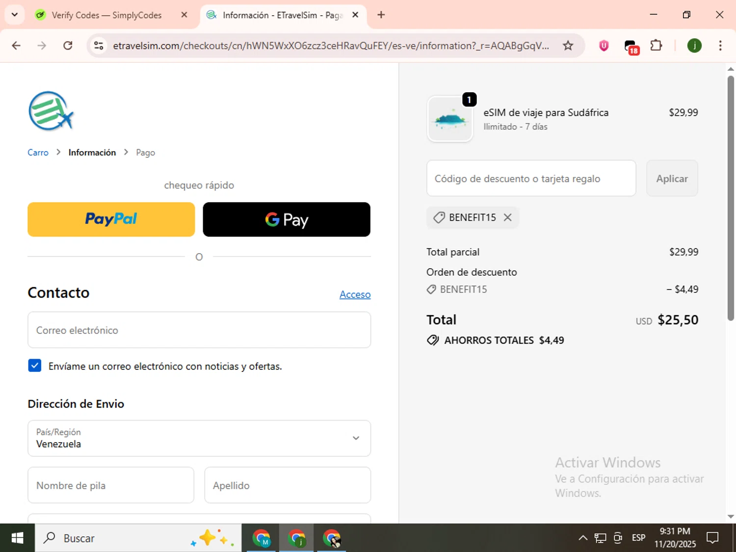 EtravelSIM discount code screenshot showing code BENEFIT15 applied at EtravelSIM checkout page. Uploaded by SimplyCodes community member SavingsCollector2592 on Nov 21, 2025