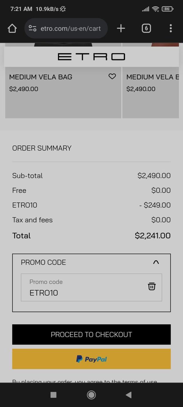 ETRO checkout page showing ETRO promo code box | Screenshot taken by SimplyCodes community member on Jan 9, 2024