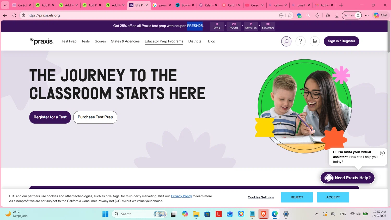 ETS promo code screenshot showing code FRESH25 applied at ETS checkout page. Uploaded by SimplyCodes community member cosita on Jan 19, 2026