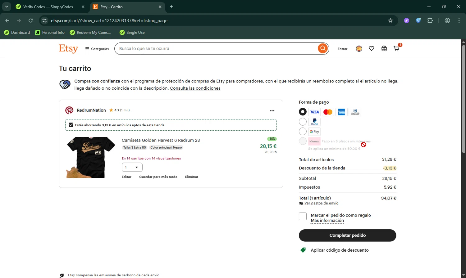 Etsy coupon code screenshot showing code RDRM10 applied at Etsy checkout page. Uploaded by SimplyCodes community member LHaunter on Aug 19, 2025