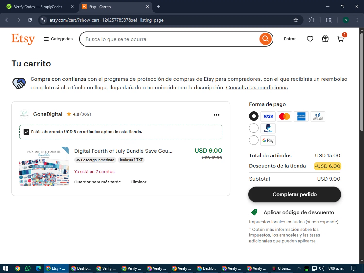 Etsy coupon code screenshot showing code 40FOTFBUN applied at Etsy checkout page. Uploaded by SimplyCodes community member lilMosey on Jul 29, 2025