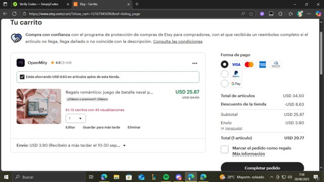 Etsy checkout page showing Etsy coupon code box | Screenshot taken by SimplyCodes community member on Aug 28, 2025
