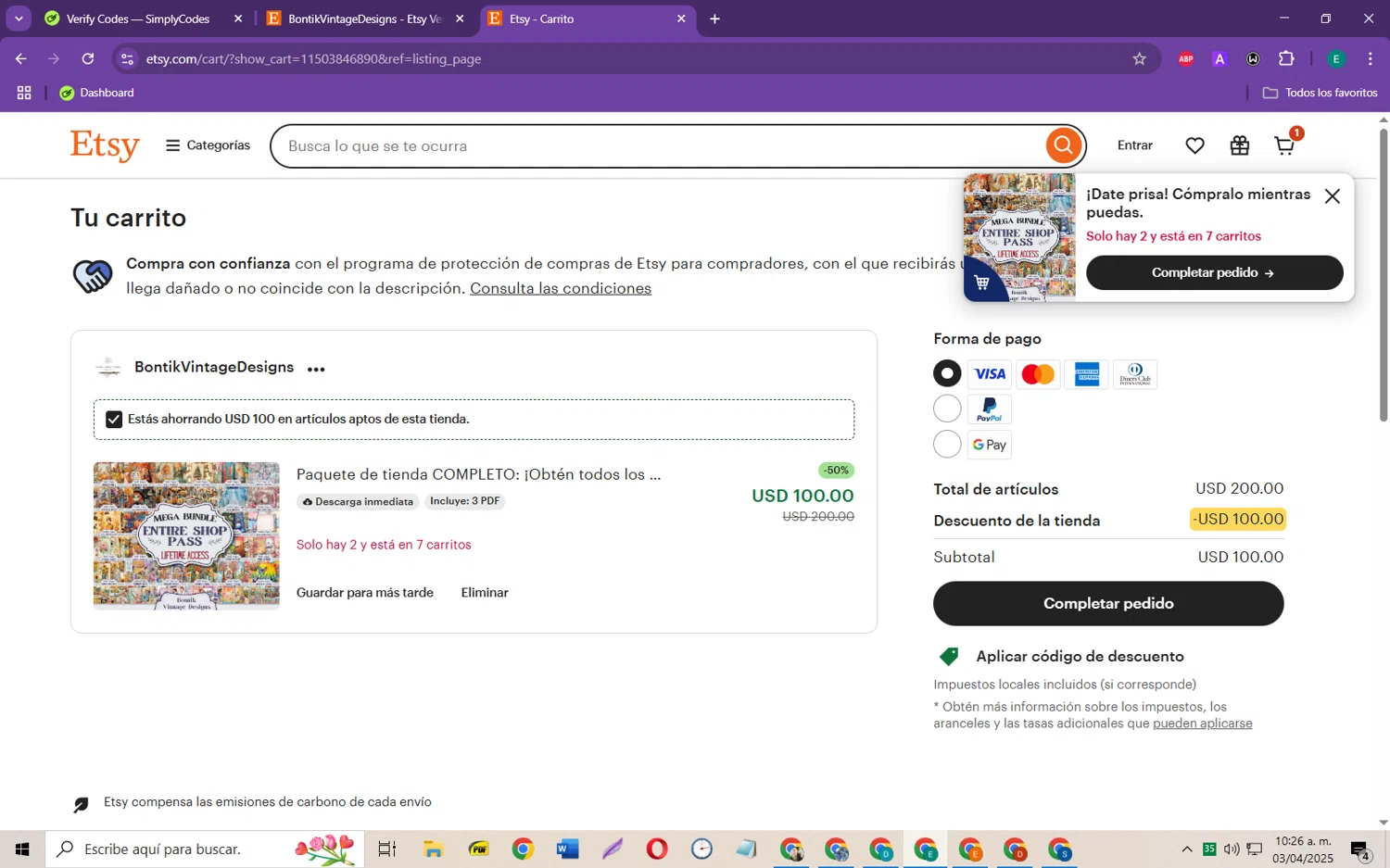 Etsy coupon code screenshot showing code LISAPHILLIPPI50 applied at Etsy checkout page. Uploaded by SimplyCodes community member RebateScholar429 on Apr 3, 2025