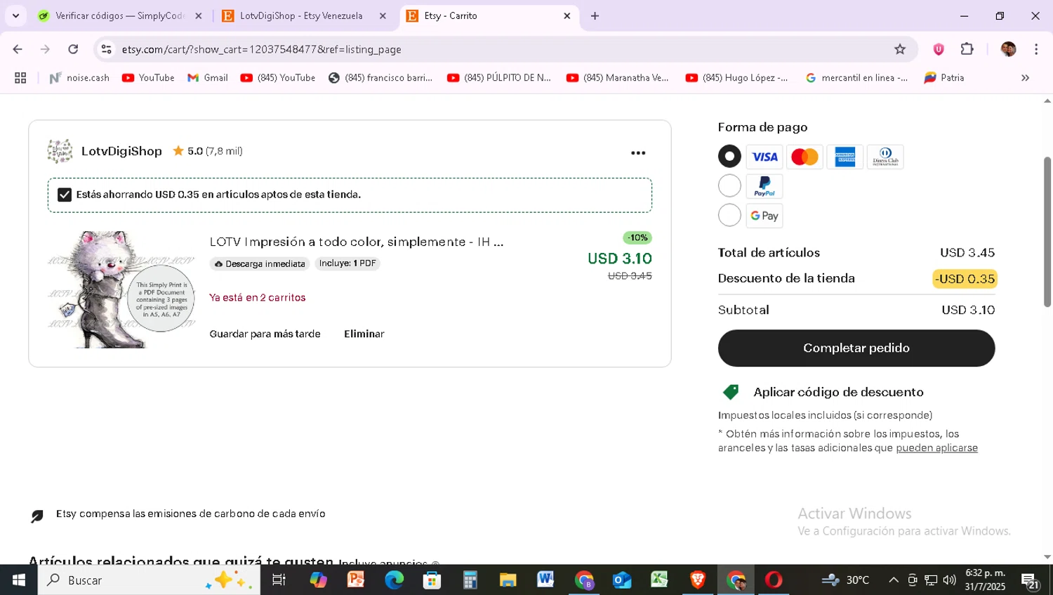 Etsy coupon code screenshot showing code JILL10 applied at Etsy checkout page. Uploaded by SimplyCodes community member CrownWizard2212 on Jul 31, 2025