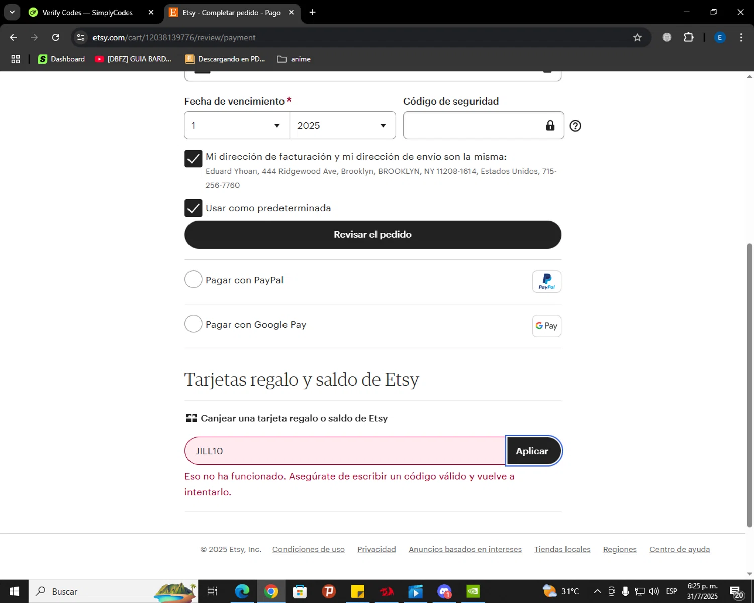 Etsy coupon code screenshot showing code JILL10 applied at Etsy checkout page. Uploaded by SimplyCodes community member GoldSaver5472 on Jul 31, 2025