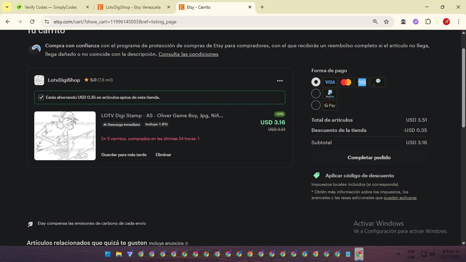Etsy coupon code screenshot showing code JILL10 applied at Etsy checkout page. Uploaded by SimplyCodes community member ShrewdCaptain2457 on Jul 23, 2025