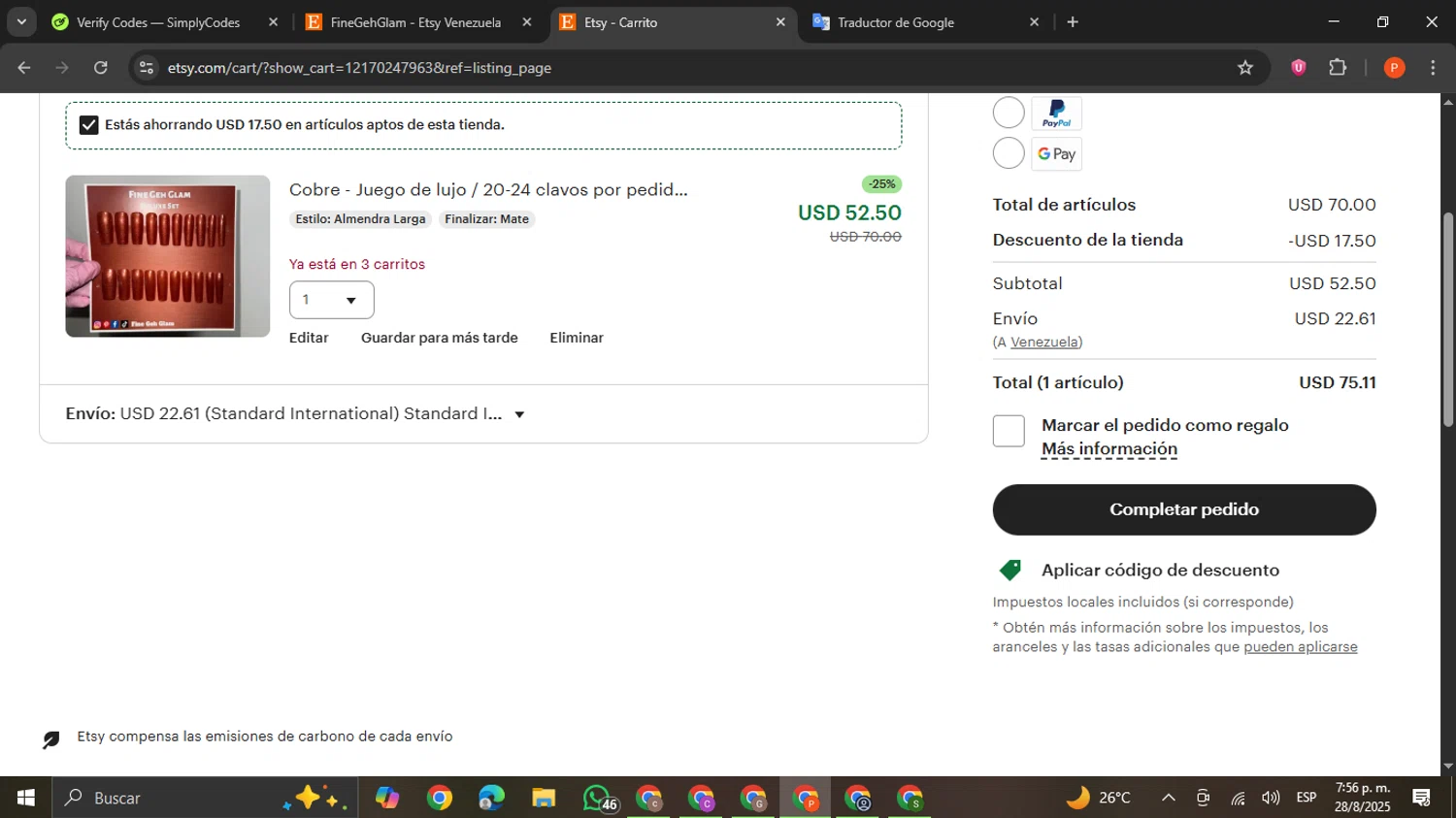 Etsy coupon code screenshot showing code TWIT25 applied at Etsy checkout page. Uploaded by SimplyCodes community member VictoriousCaptain2658 on Aug 28, 2025