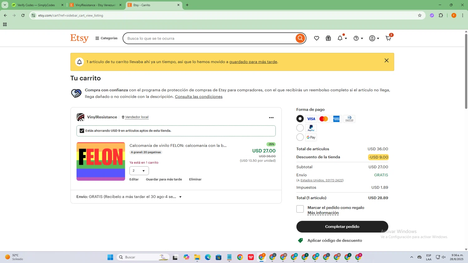 Etsy coupon code screenshot showing code NOKINGS applied at Etsy checkout page. Uploaded by SimplyCodes community member SavvyCollector9528 on Aug 28, 2025