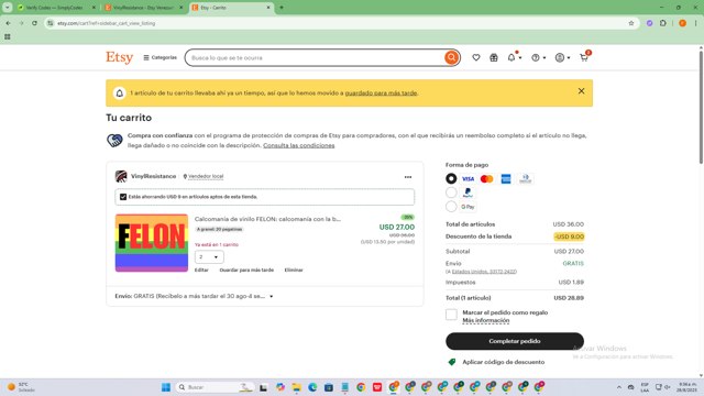 Etsy checkout page showing Etsy coupon code box | Screenshot taken by SimplyCodes community member on Aug 28, 2025