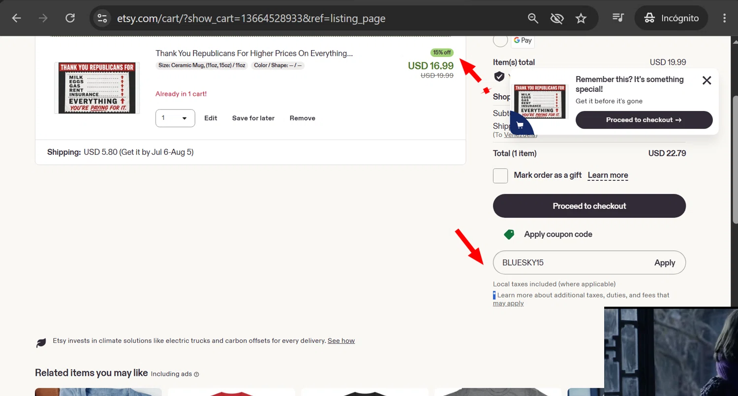 Etsy promo code screenshot showing code BLUESKY15 applied at Etsy checkout page. Uploaded by SimplyCodes community member anosesmith on Jun 18, 2026