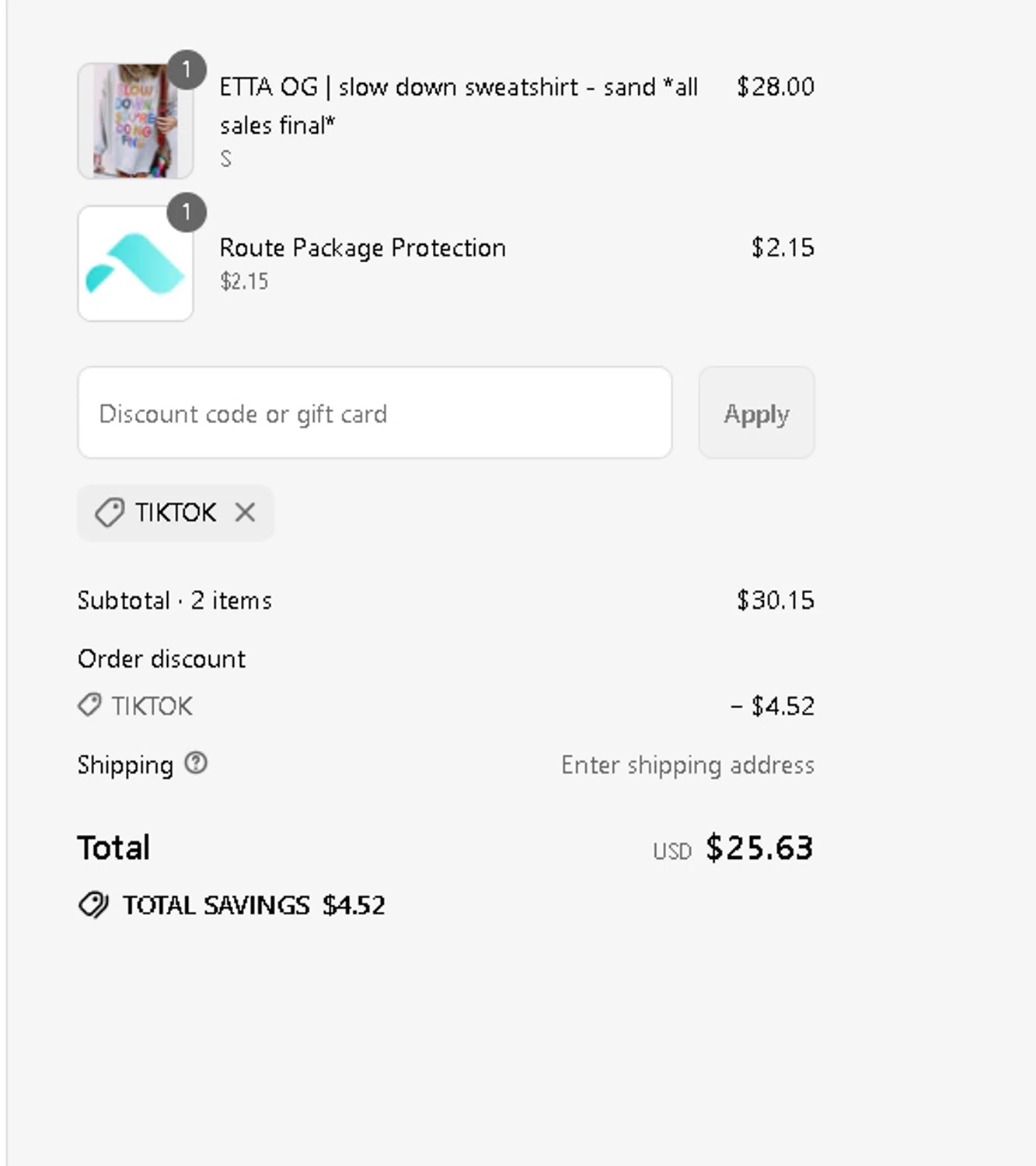 Etta + East promo code screenshot showing code TIKTOK applied at Etta + East checkout page. Uploaded by SimplyCodes community member Netheryno on Aug 17, 2025