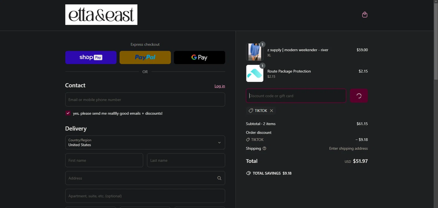 Etta + East promo code screenshot showing code TIKTOK applied at Etta + East checkout page. Uploaded by SimplyCodes community member Nor_man on Mar 27, 2025