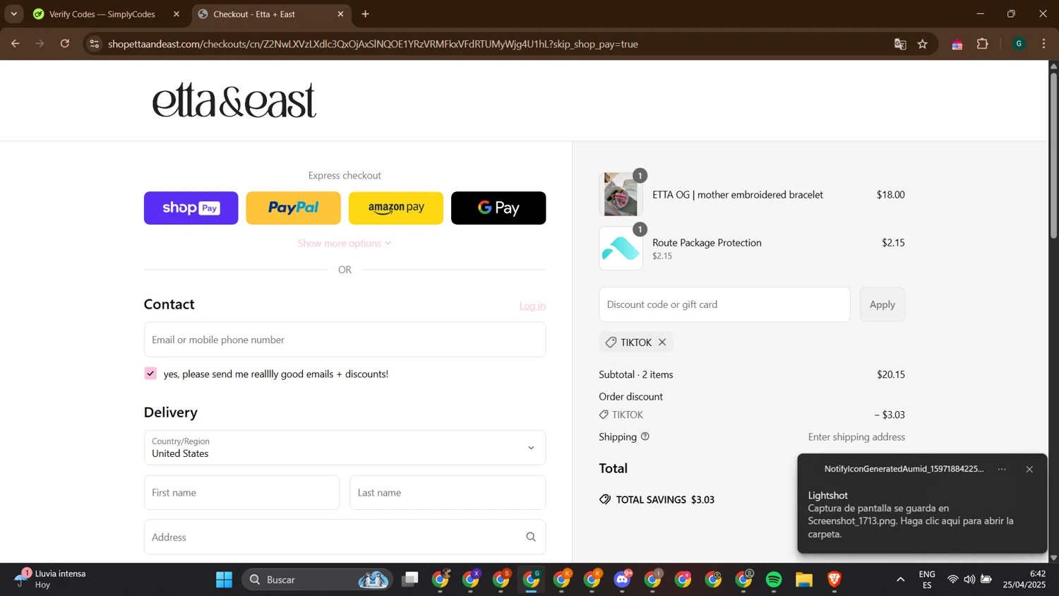 Etta + East promo code screenshot showing code TIKTOK applied at Etta + East checkout page. Uploaded by SimplyCodes community member ThriftyTitan786 on Apr 25, 2025