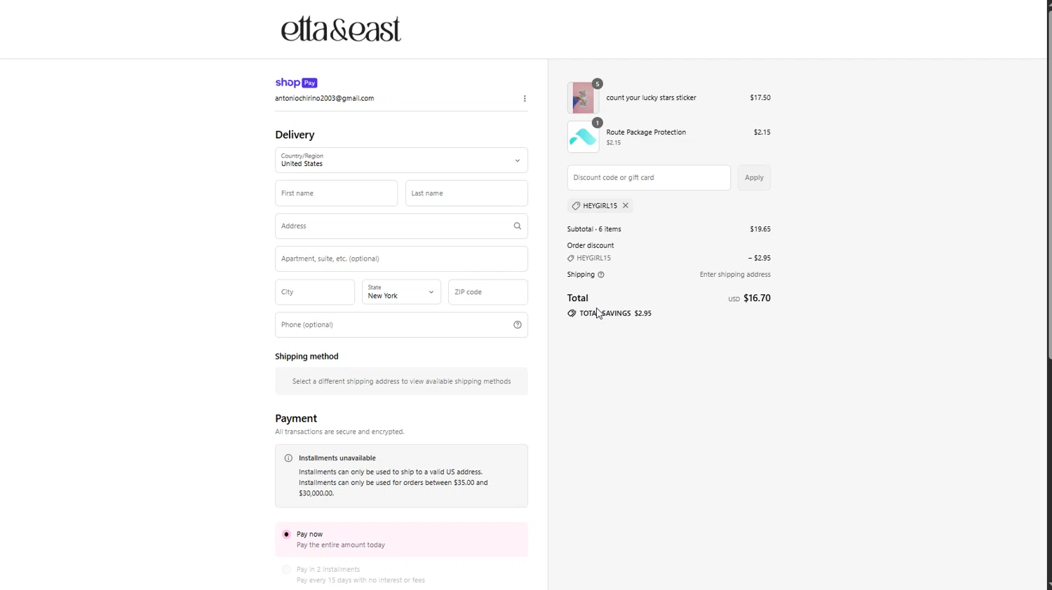 Etta + East promo code screenshot showing code HEYGIRL15 applied at Etta + East checkout page. Uploaded by SimplyCodes community member Doomslayer on Jul 19, 2025