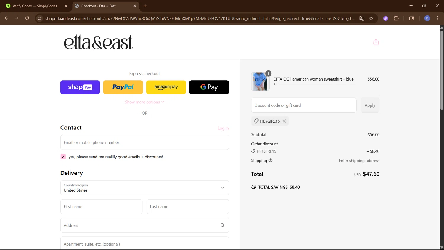 Etta + East promo code screenshot showing code HEYGIRL15 applied at Etta + East checkout page. Uploaded by SimplyCodes community member PennyCurator6489 on Jun 16, 2025