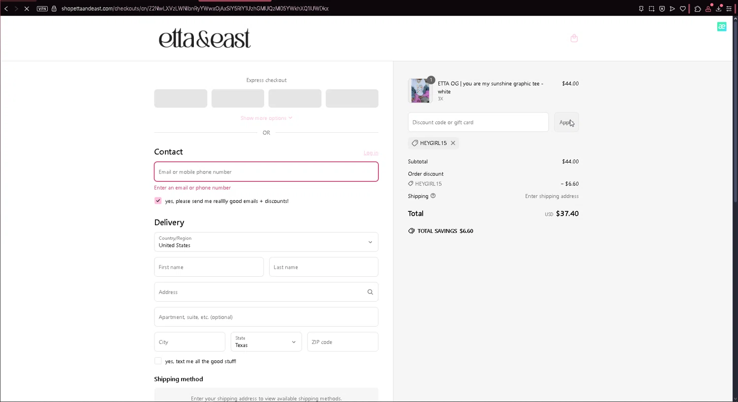 Etta + East promo code screenshot showing code HEYGIRL15 applied at Etta + East checkout page. Uploaded by SimplyCodes community member leonardjose on May 15, 2025