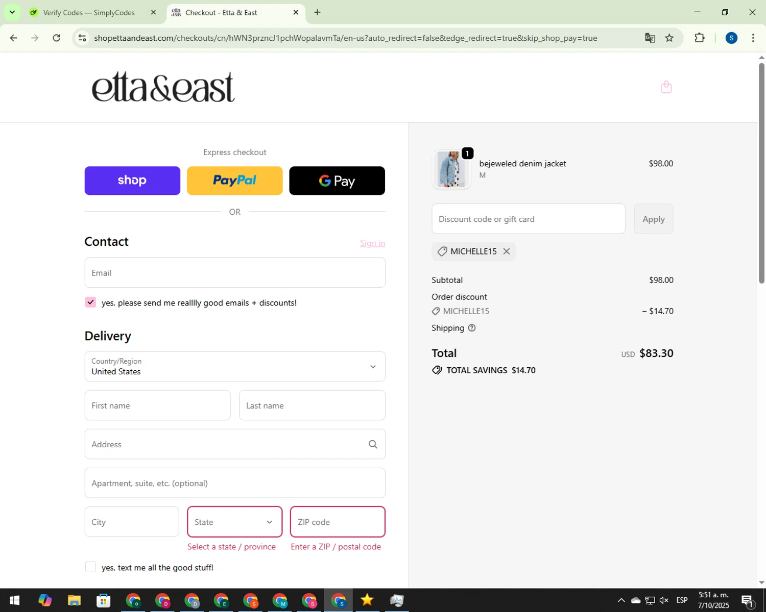 Etta + East promo code screenshot showing code MICHELLE15 applied at Etta + East checkout page. Uploaded by SimplyCodes community member 00000007 on Oct 7, 2025