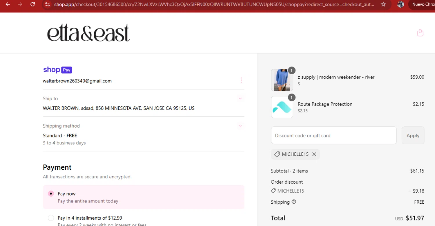 Etta + East promo code screenshot showing code MICHELLE15 applied at Etta + East checkout page. Uploaded by SimplyCodes community member kimberlinmartinez on Mar 28, 2025