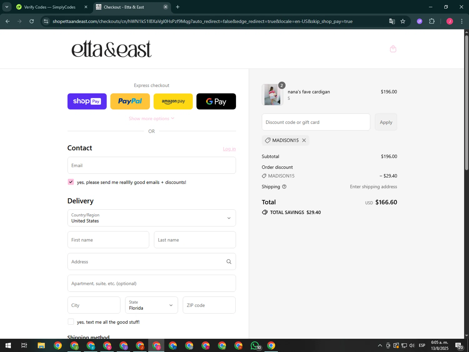 Etta + East promo code screenshot showing code Madison15 applied at Etta + East checkout page. Uploaded by SimplyCodes community member CleverShopper2101 on Aug 13, 2025